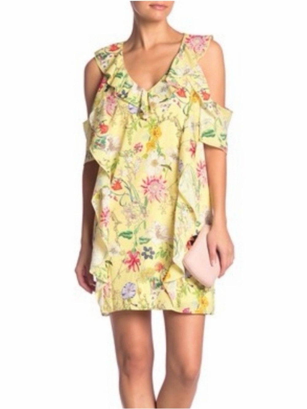PARKER NY Yellow Floral Ruffle Cold Shoulder V-Neck Mini Dress Size M